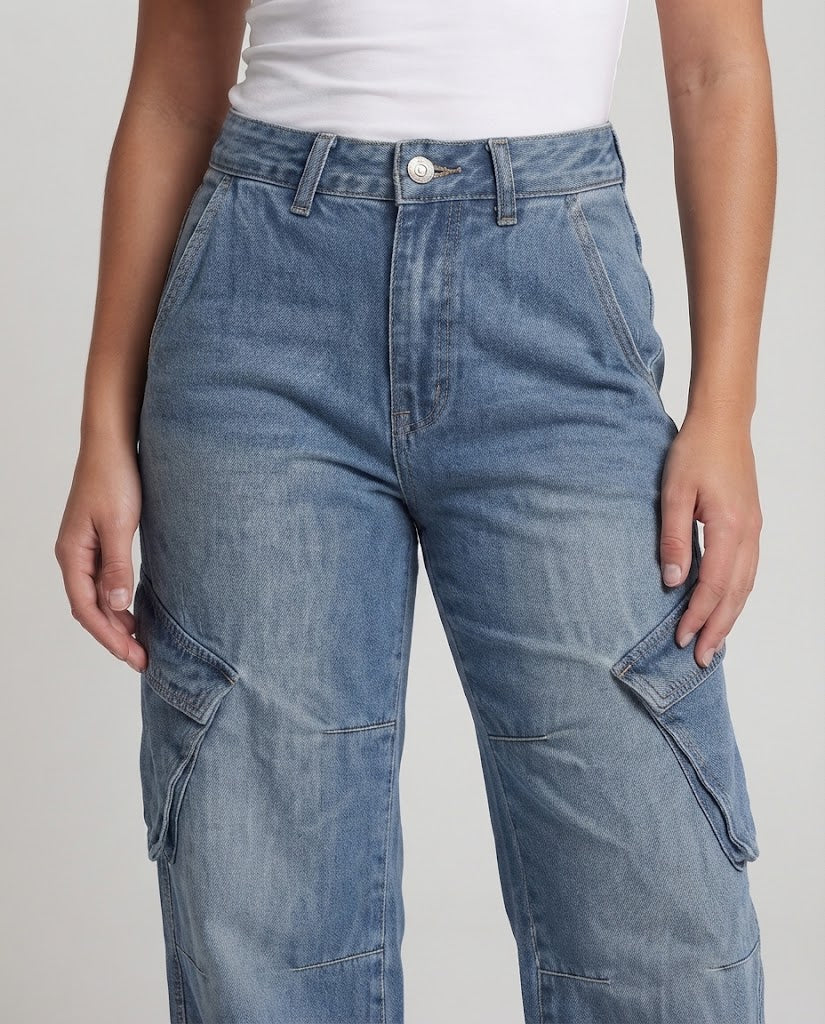 Women's Wide Palazzo Denim Cargo Pants with Drop Crotch, Knee Panels, and Large Flap Pockets Fashion Glam