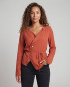 Women’s Asymmetrical Wrap Blouse with One-Button Closure and Waistband Fashion Glam