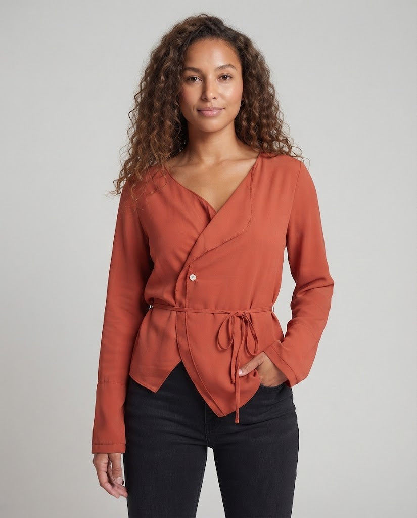 Women’s Asymmetrical Wrap Blouse with One-Button Closure and Waistband Fashion Glam