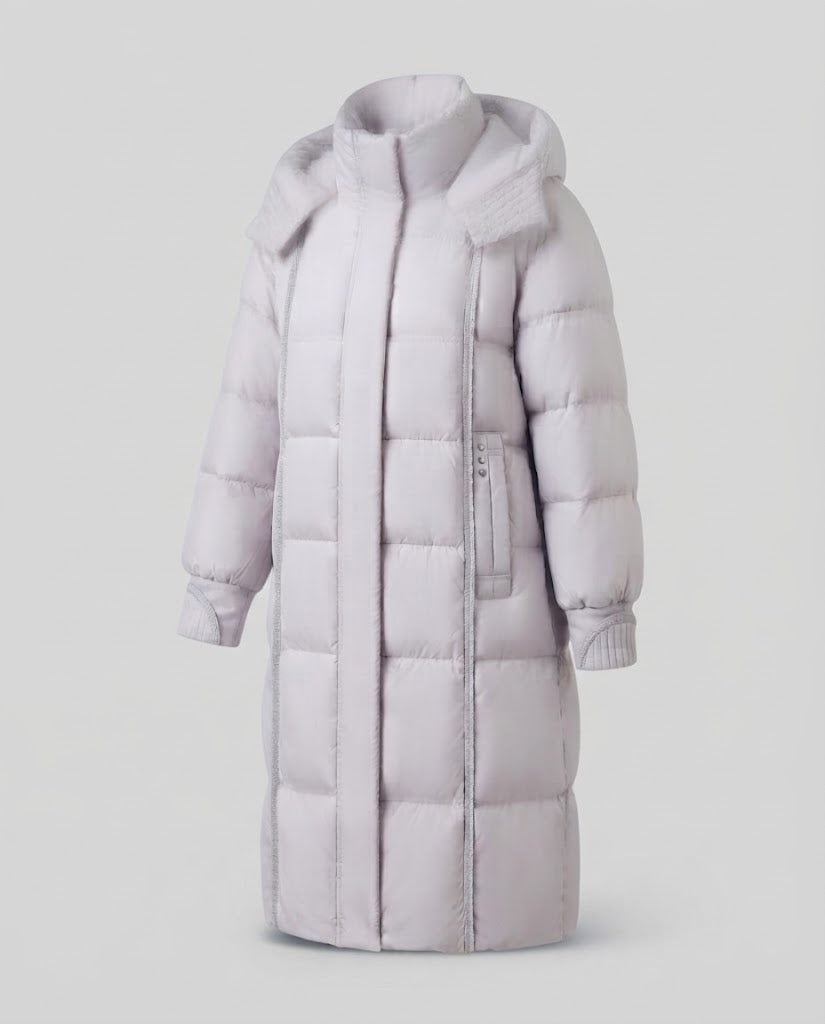 Women's longer padded quilted coat with high stand collar, removable hood, and ribbed cuffs Fashion Glam