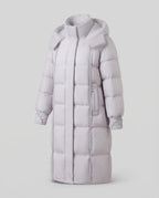 Women's longer padded quilted coat with high stand collar, removable hood, and ribbed cuffs Fashion Glam