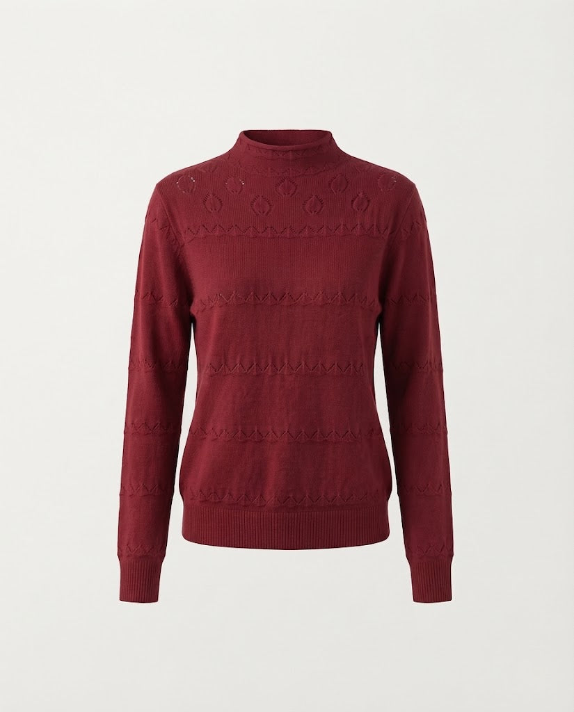 Ladies fine knit pullover with subtle lace stripe and short stand-up collar Fashion Glam