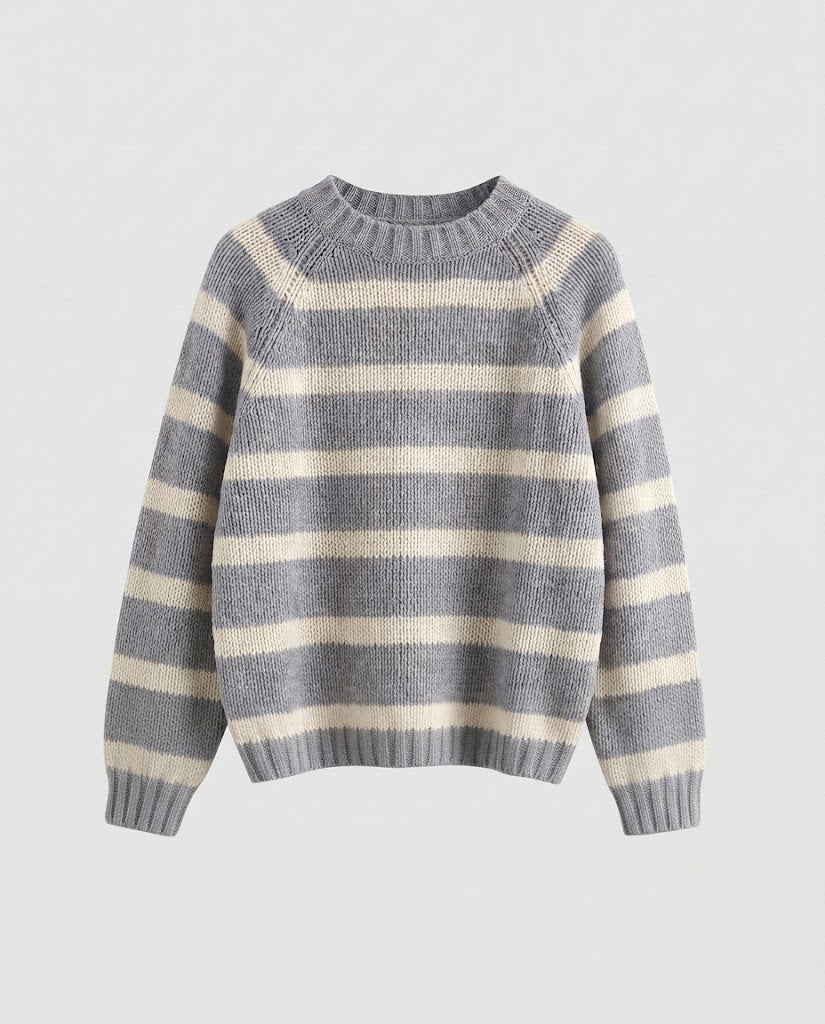 Ladies Striped Boxy Knit Sweater with Chunky Knit and Round Neckline Fashion Glam