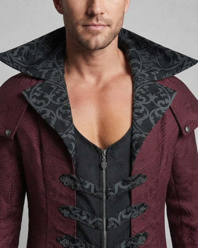 Men's elegant Gothic coat with ornate embellishments and high collar Fashion Glam