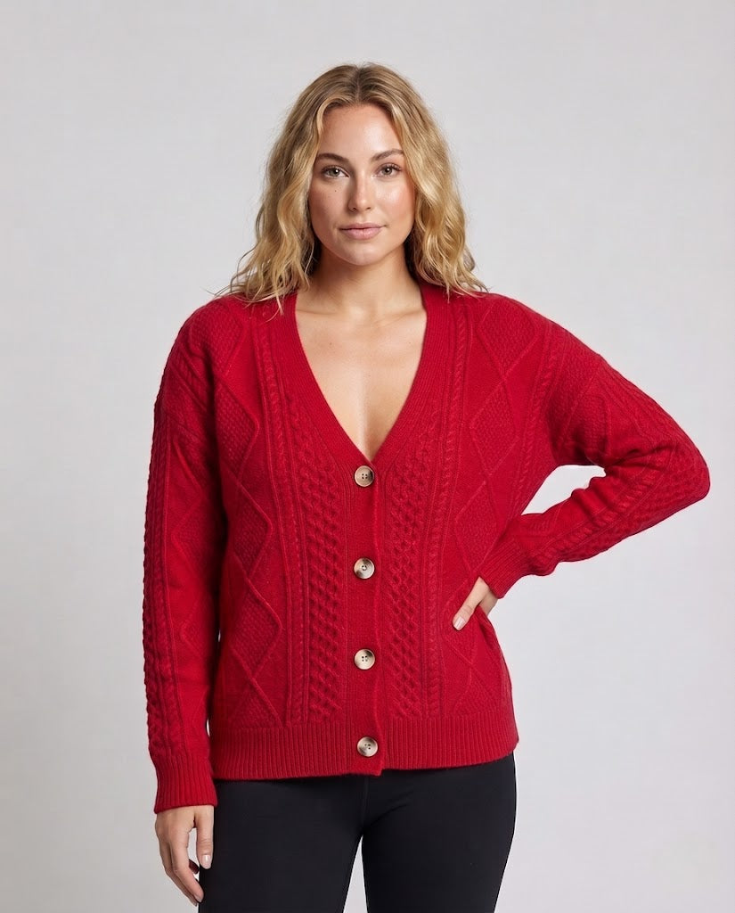 Women Fine Wool Blend Cardigan with Cable Pattern, V-Neck and Pearl Buttons Fashion Glam