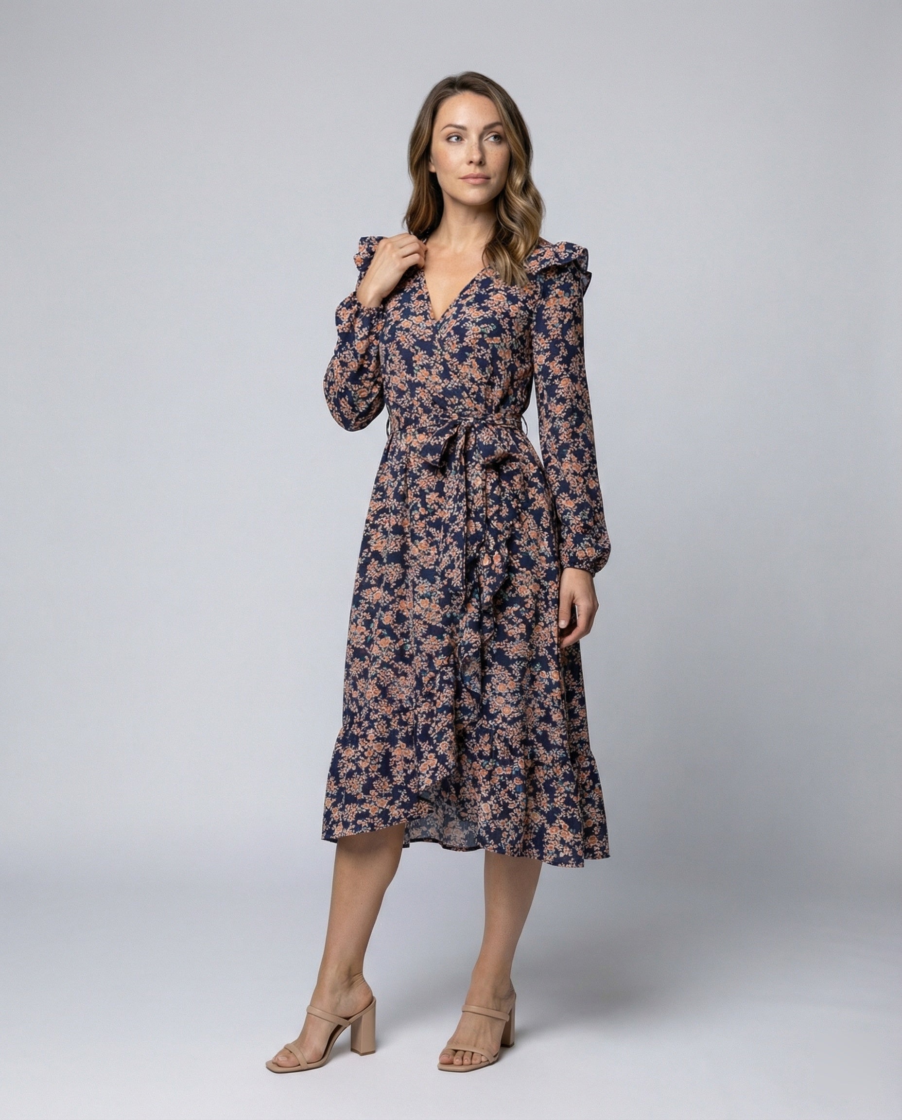Women's blouse dress with floral design and adjustable belt