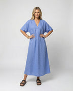 Women's casual linen maxi dress with V-neck and wide-cut sleeves