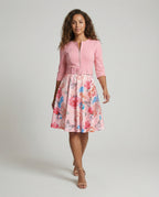 Women A-line dress with fitted belt and floral pattern