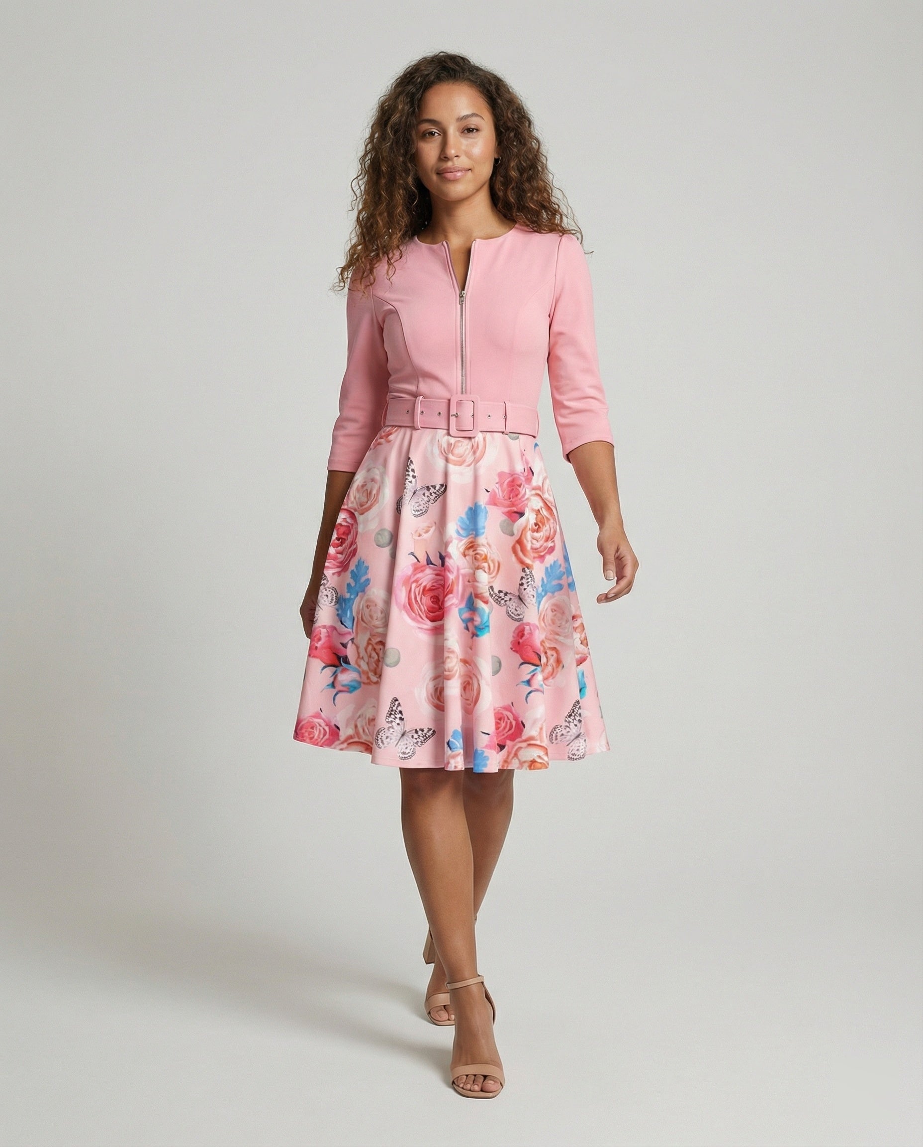 Women A-line dress with fitted belt and floral pattern