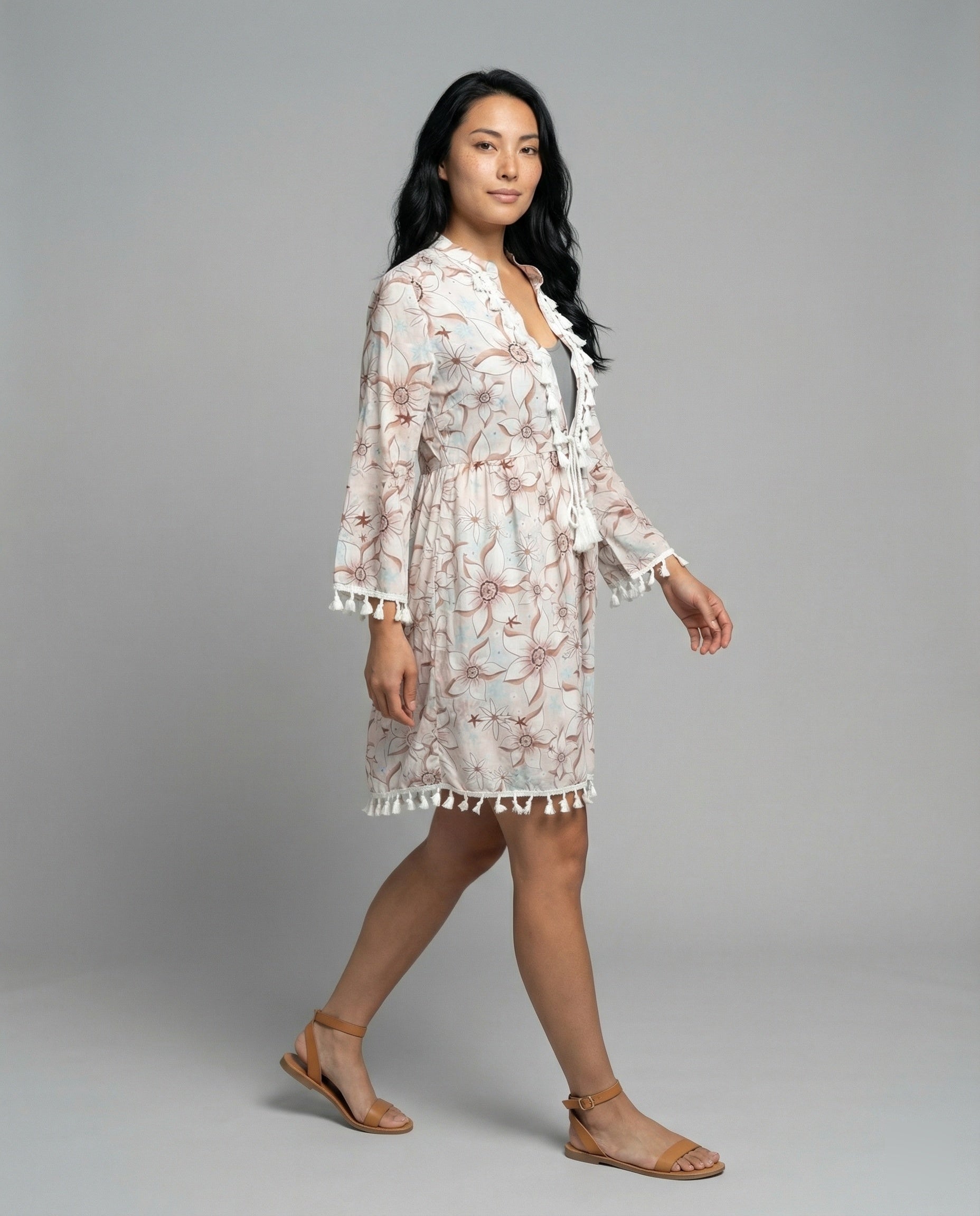 Women's beach dress with high collar and romantic floral pattern