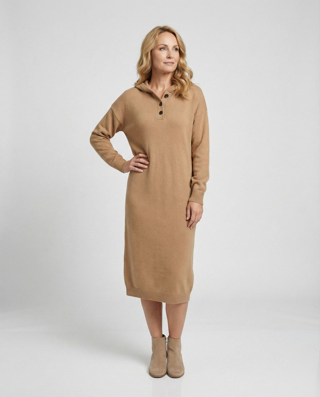 Women's hoodie dress made of soft knit material with button placket and hood