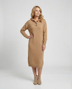 Women's hoodie dress made of soft knit material with button placket and hood