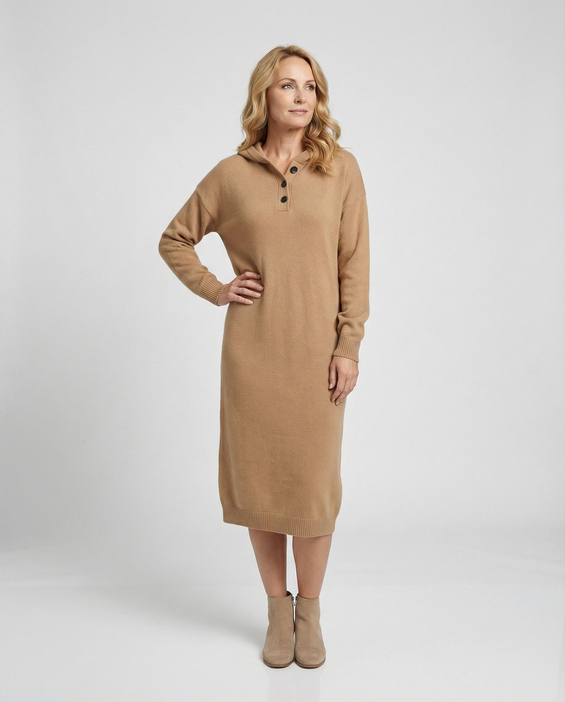 Women's hoodie dress made of soft knit material with button placket and hood