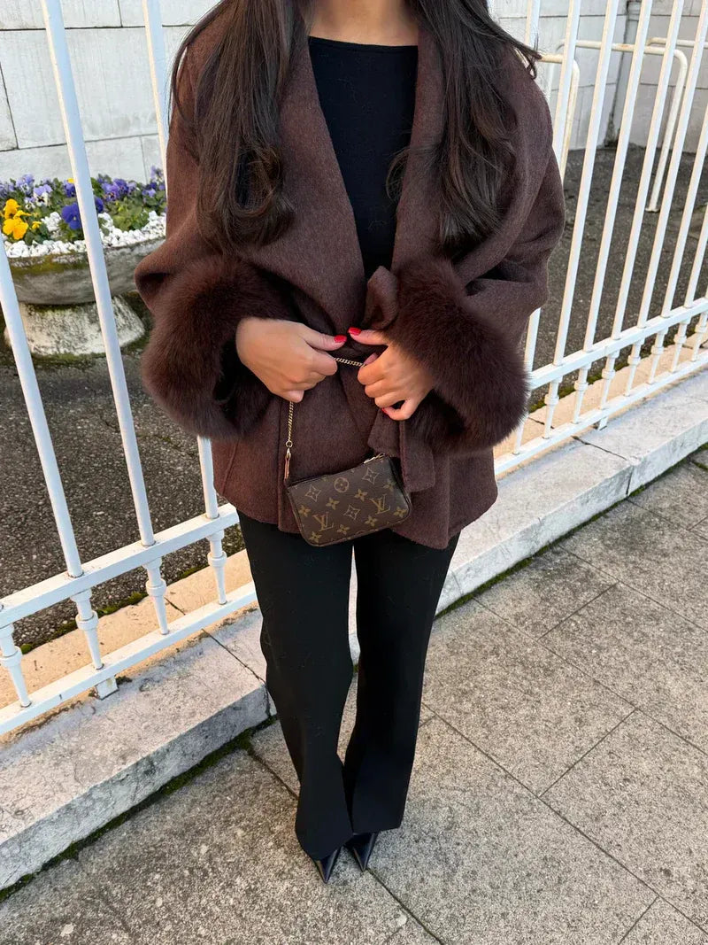 Fashion Glam | Wool coat with belt and faux fur cuffs Elegant Short Wrap Jacket