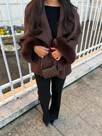 Fashion Glam | Wool coat with belt and faux fur cuffs Elegant Short Wrap Jacket