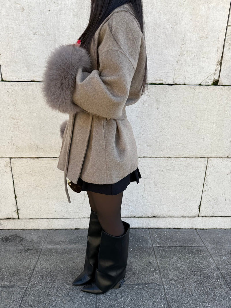 Fashion Glam | Wool coat with belt and faux fur cuffs Elegant Short Wrap Jacket
