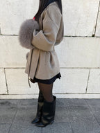 Fashion Glam | Wool coat with belt and faux fur cuffs Elegant Short Wrap Jacket
