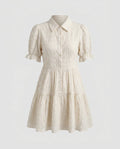 Ladies airy blouse dress with belted waist and slit sleeves-Fashion Glam