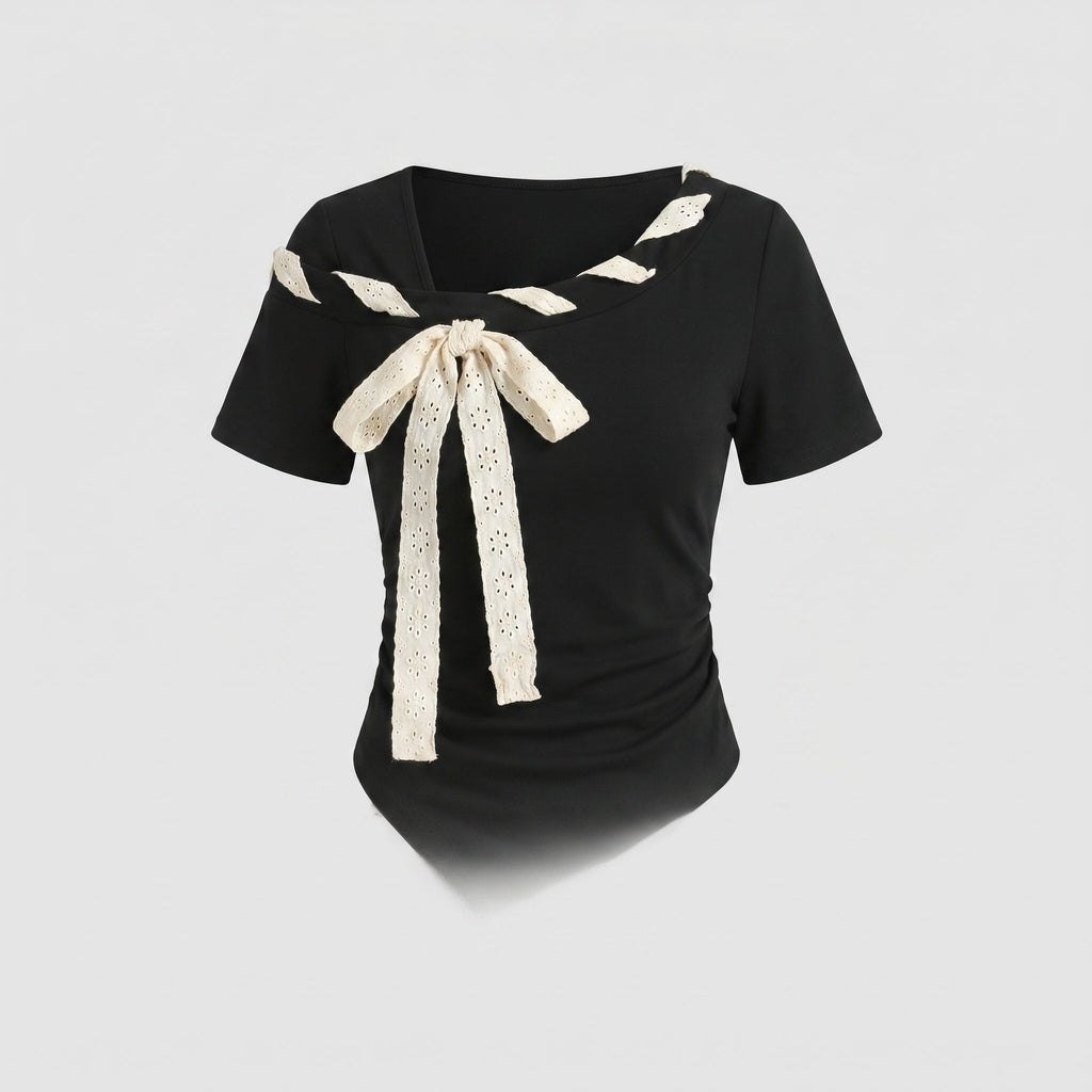 Ladies blouse shirt with decorative tie option design and elegant lace hem-Fashion Glam