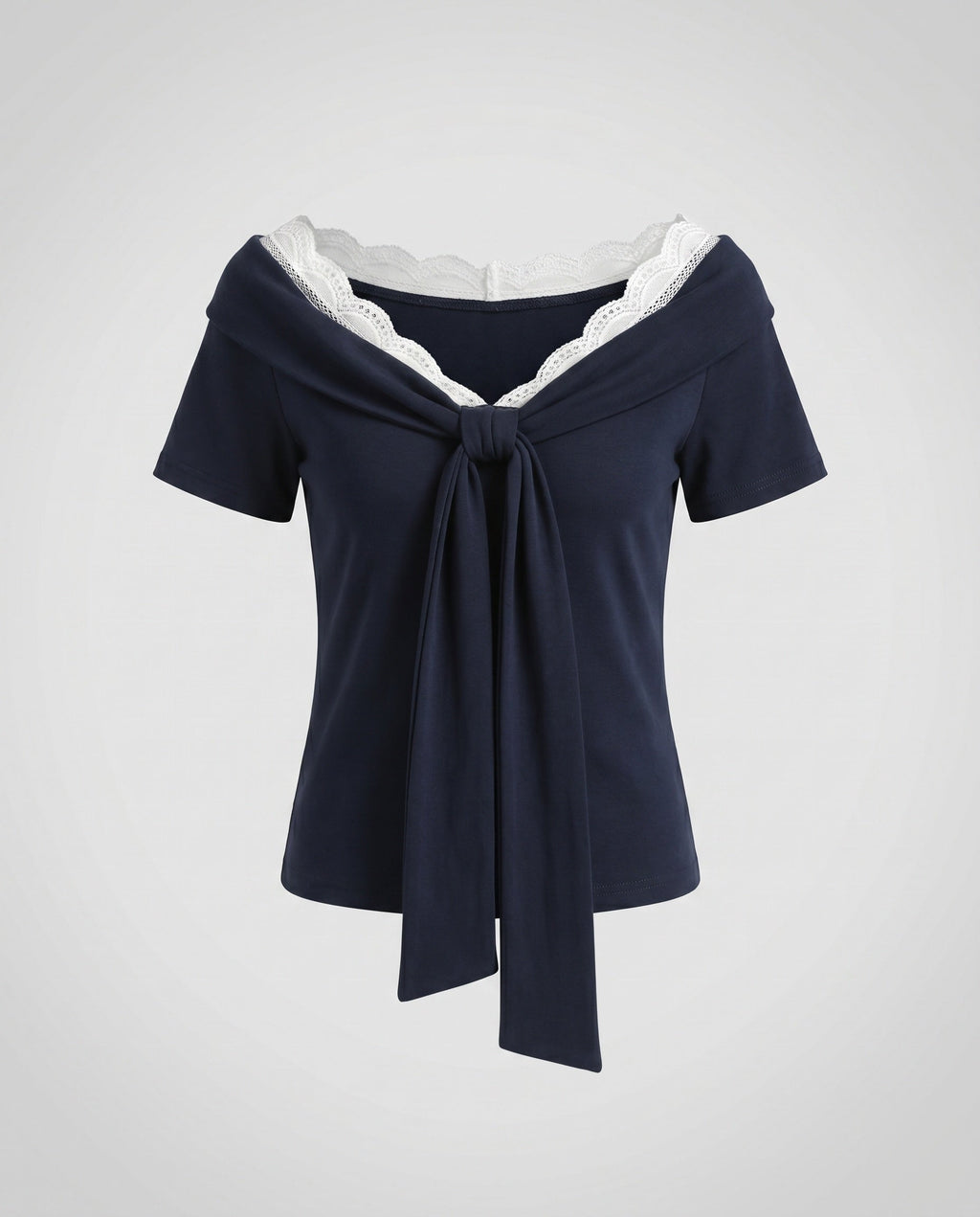Ladies blouse shirt with elegant lace neckline and decorative bow-Fashion Glam