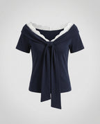 Ladies blouse shirt with elegant lace neckline and decorative bow-Fashion Glam