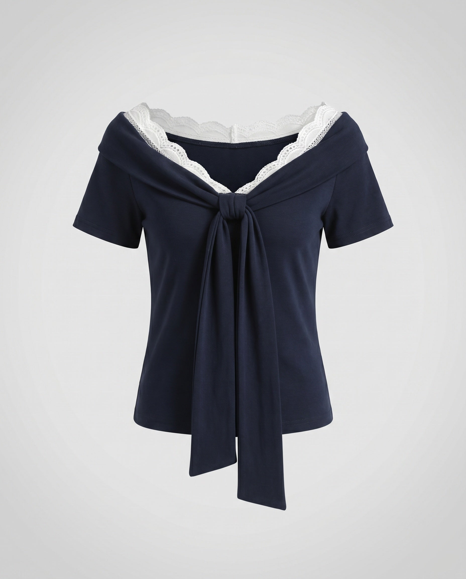 Ladies blouse shirt with elegant lace neckline and decorative bow-Fashion Glam