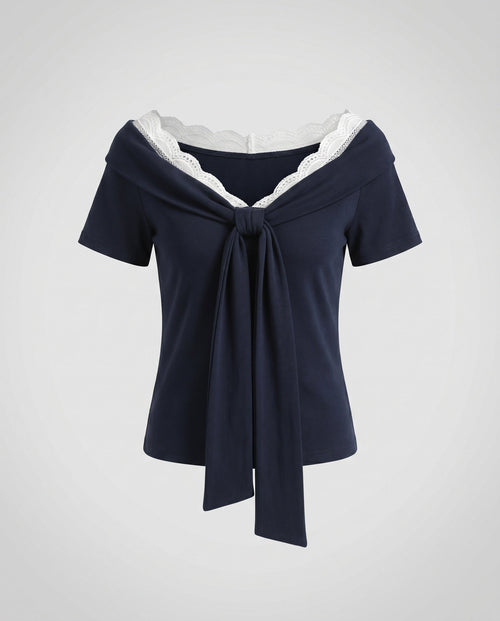 Ladies blouse shirt with elegant lace neckline and decorative bow-Fashion Glam