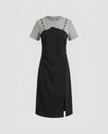 Ladies' combo dress with elegant T-shirt and practical button details-Fashion Glam