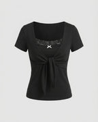 Ladies dress with elegant wrap design and lace-Fashion Glam