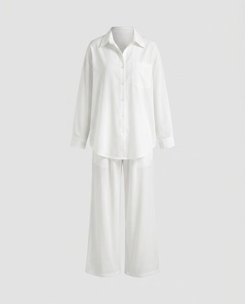 Ladies elegant, airy two-piece set with classic shirt and wide trouser leg-Fashion Glam