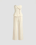 Ladies elegant bustier set with wide pant legs and button decoration-Fashion Glam