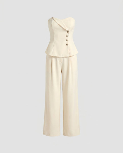 Ladies elegant bustier set with wide pant legs and button decoration-Fashion Glam