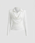 Ladies elegant long sleeve shirt with sophisticated wrap neckline and wide pants-Fashion Glam