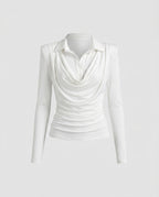 Ladies elegant long sleeve shirt with sophisticated wrap neckline and wide pants-Fashion Glam