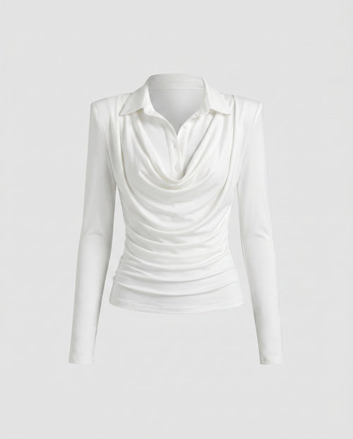Ladies elegant long sleeve shirt with sophisticated wrap neckline and wide pants-Fashion Glam