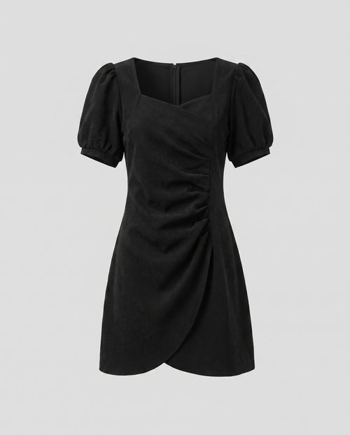 Ladies Elegant Mini Dress with Puff Sleeves and Wrap Look-Fashion Glam