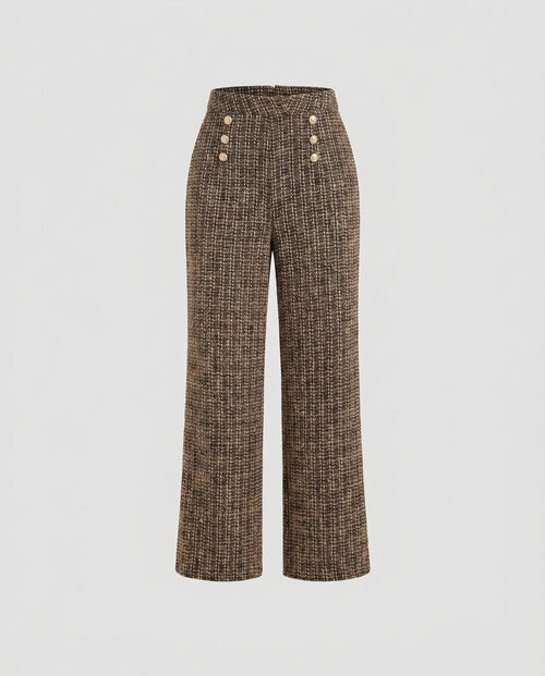 Ladies elegant tweed trousers with high waist and decorative buttons-Fashion Glam