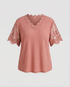 Ladies Feminine Lace V-Neck Rib Jersey Blouse Shirt-Fashion Glam