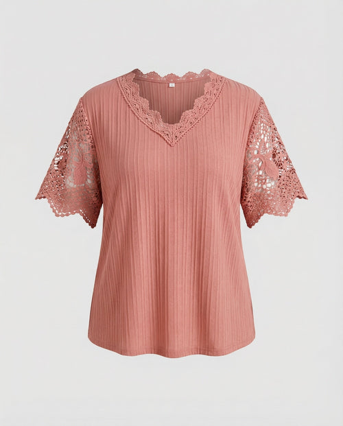 Ladies Feminine Lace V-Neck Rib Jersey Blouse Shirt-Fashion Glam
