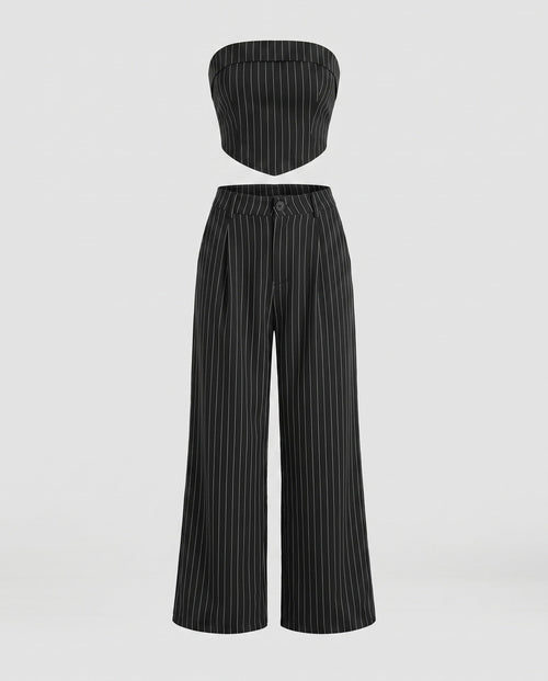 Ladies High-Quality Stripe Set consisting of Crop Top and Wide Cut Pants-Fashion Glam