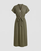 Ladies Maxi Dress with stylish waist belt and elegant button design-Fashion Glam