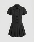 Ladies short sleeve dress with chic collar and pleated skirt-Fashion Glam