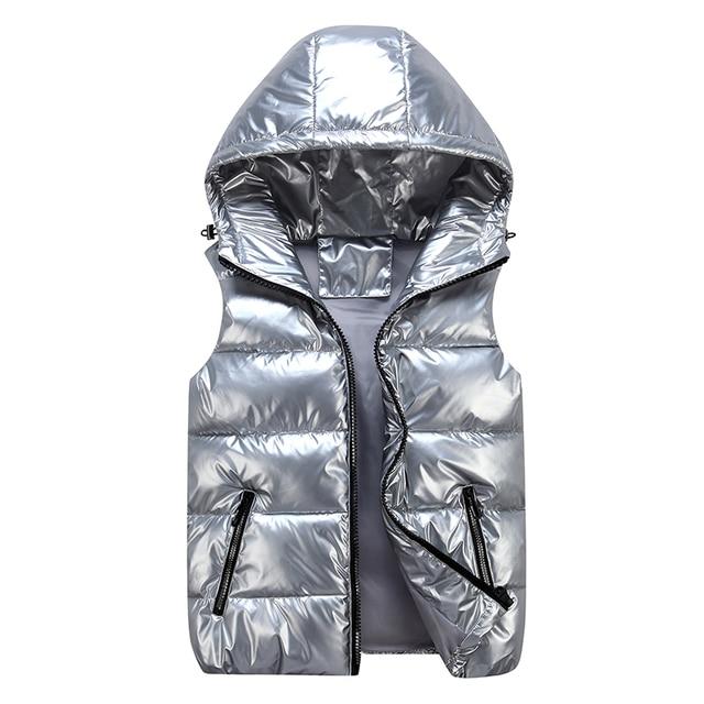 Fashion Glam | Down Vest Casual Cut Glossy Windproof Fabric Padded Hood