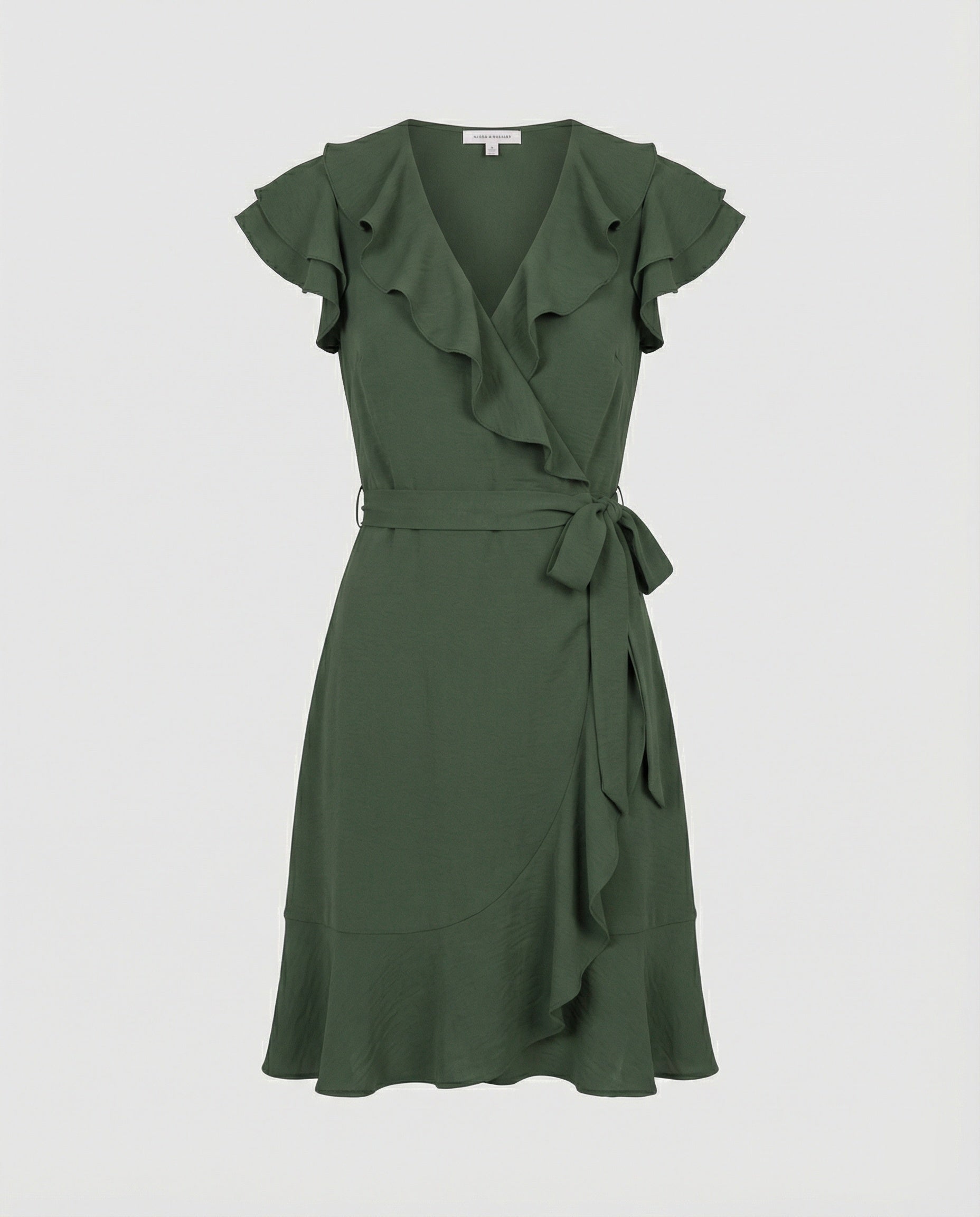 Women's wrap dress with voluminous ruffle details and waist belt
