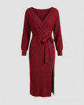 Women's knitted dress with elegant wrap design and decorative belt