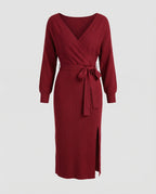 Women's knitted dress with elegant wrap design and decorative belt