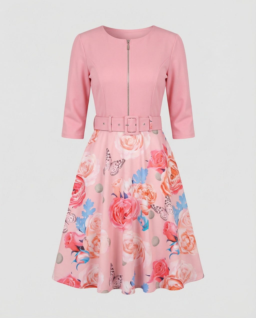 Women A-line dress with fitted belt and floral pattern