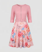Women A-line dress with fitted belt and floral pattern
