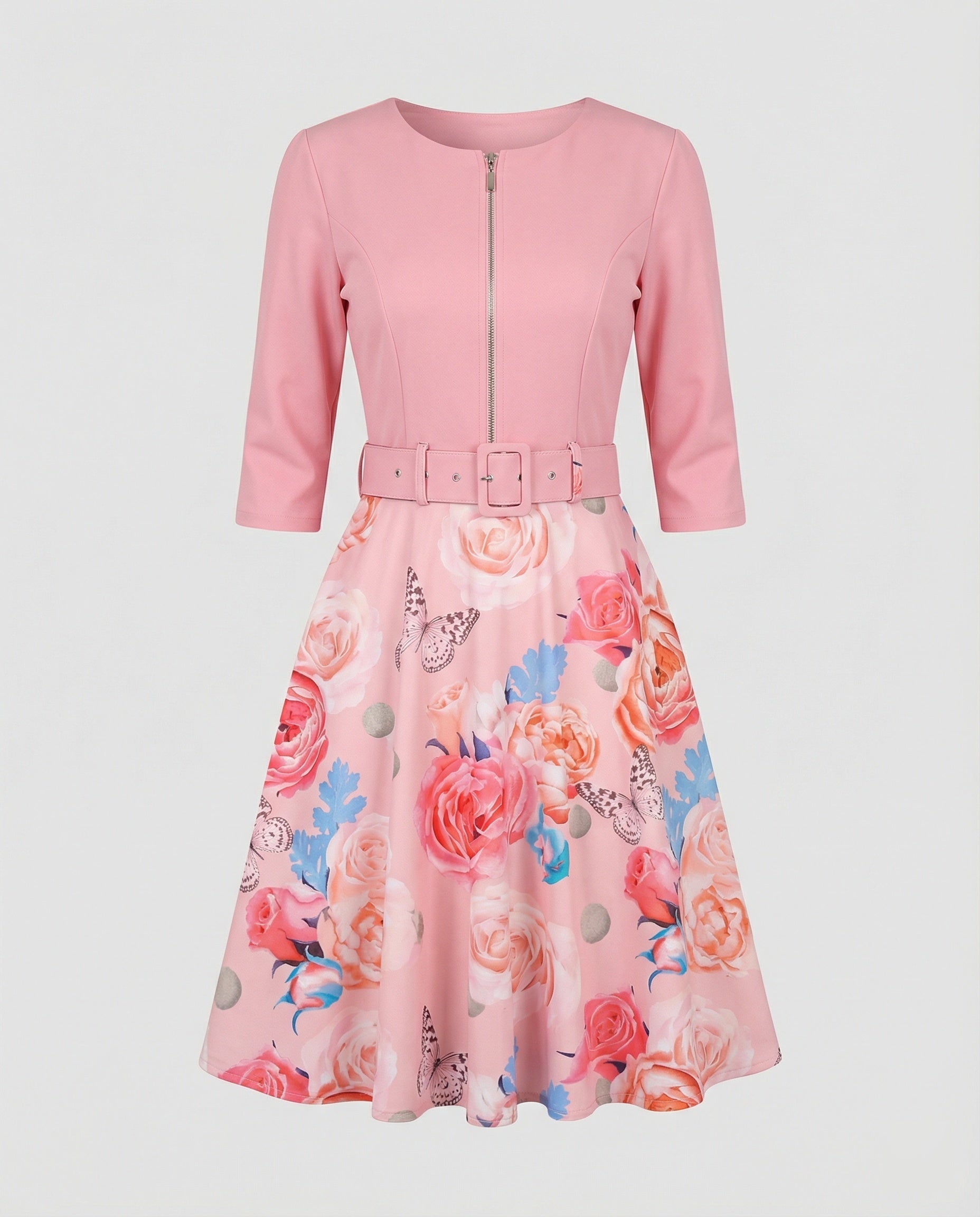 Women A-line dress with fitted belt and floral pattern