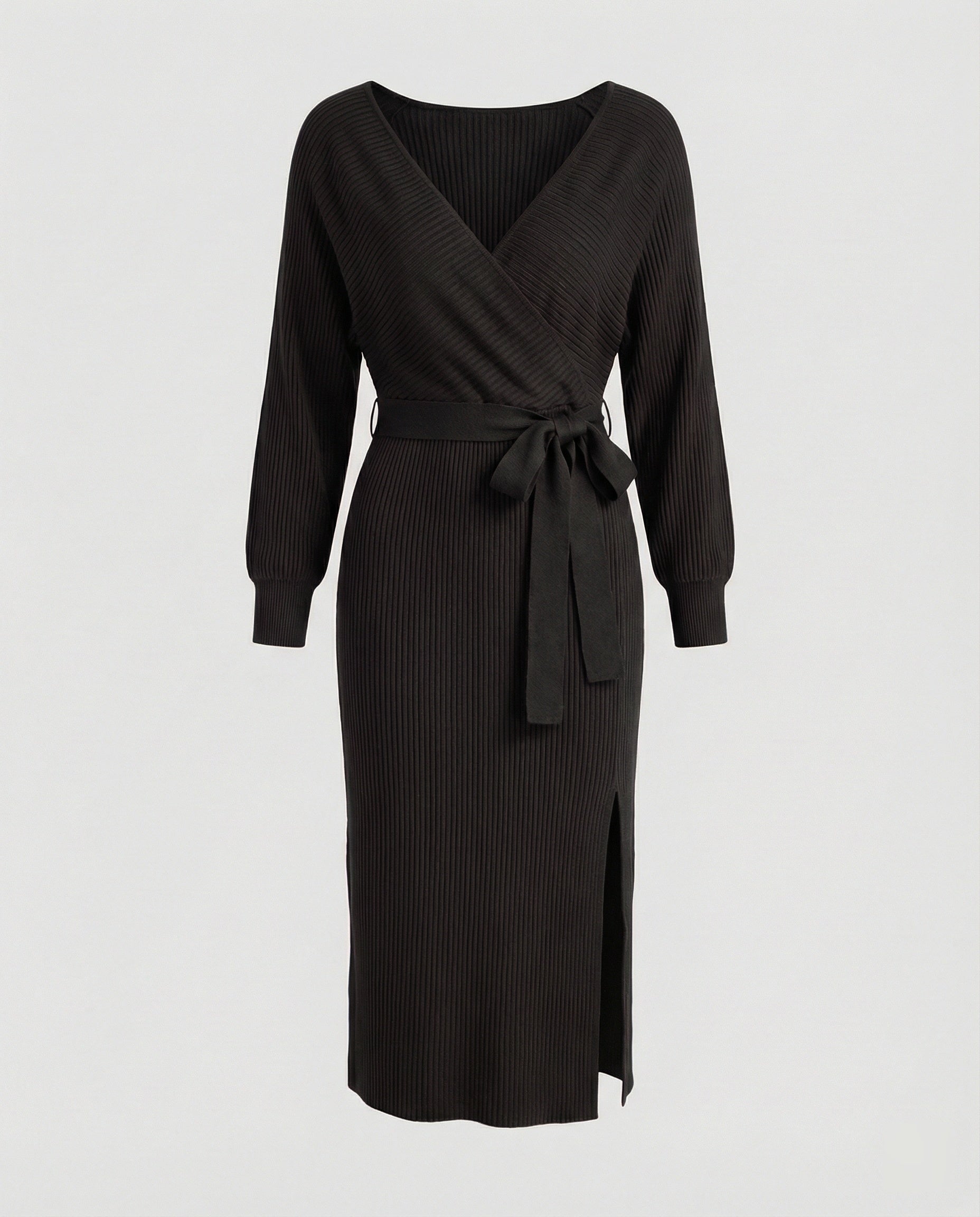 Women's knitted dress with elegant wrap design and decorative belt